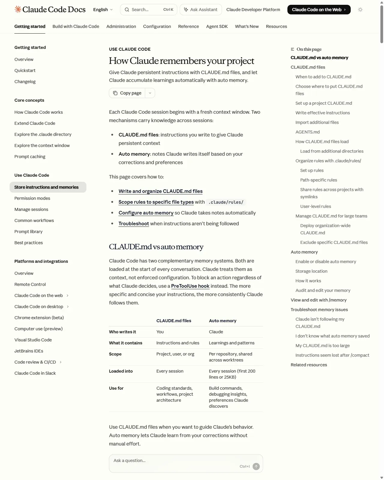 Claude Code docs - CLAUDE.md vs auto memory comparison
