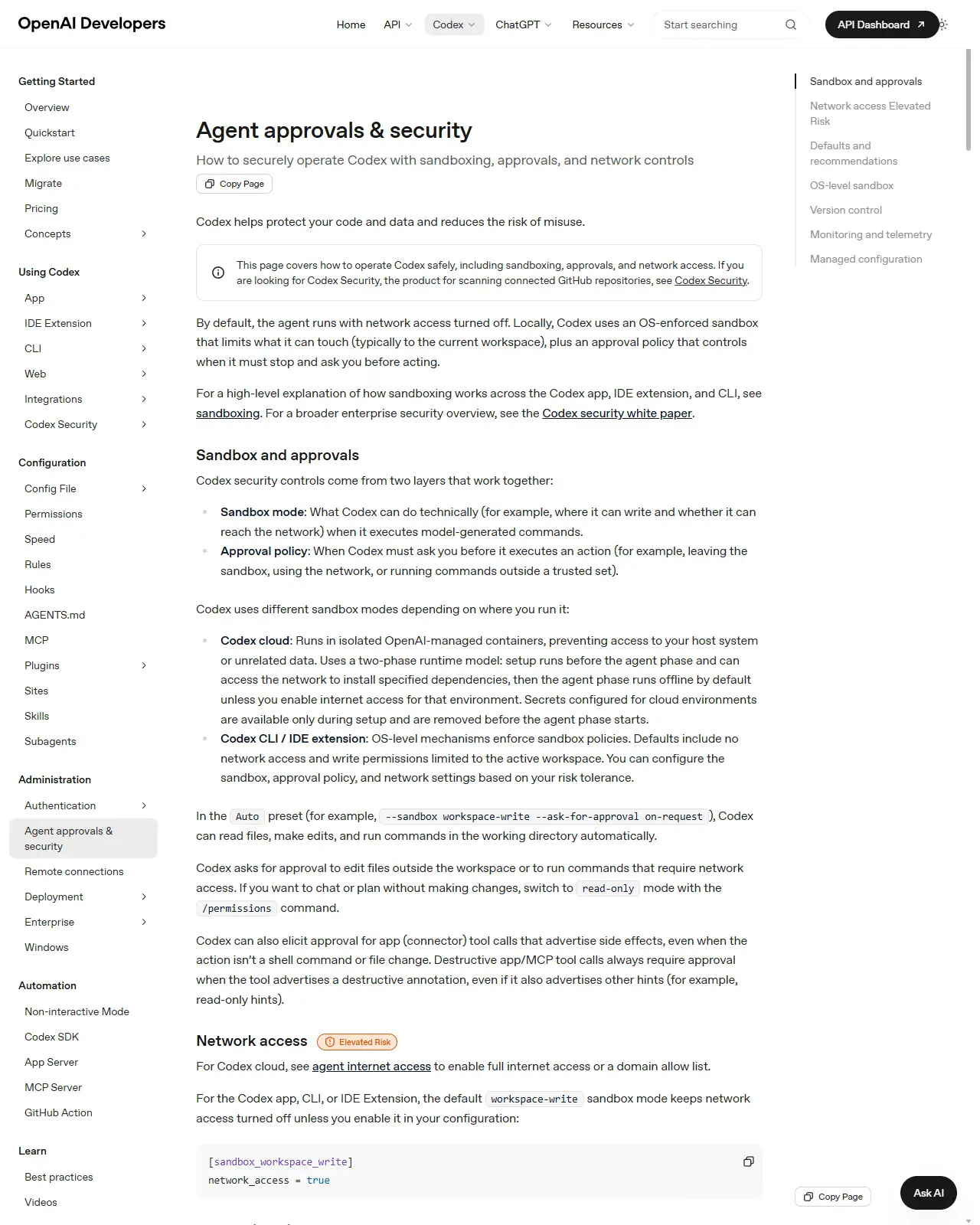 Official docs. Agent approvals & security (the three sandbox modes)