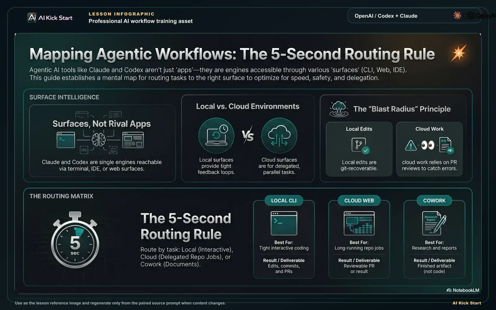 Dark teal infographic: surfaces vs rival apps, local vs cloud environments, the blast-radius principle, and a routing matrix for Local CLI, Cloud Web, and Cowork.