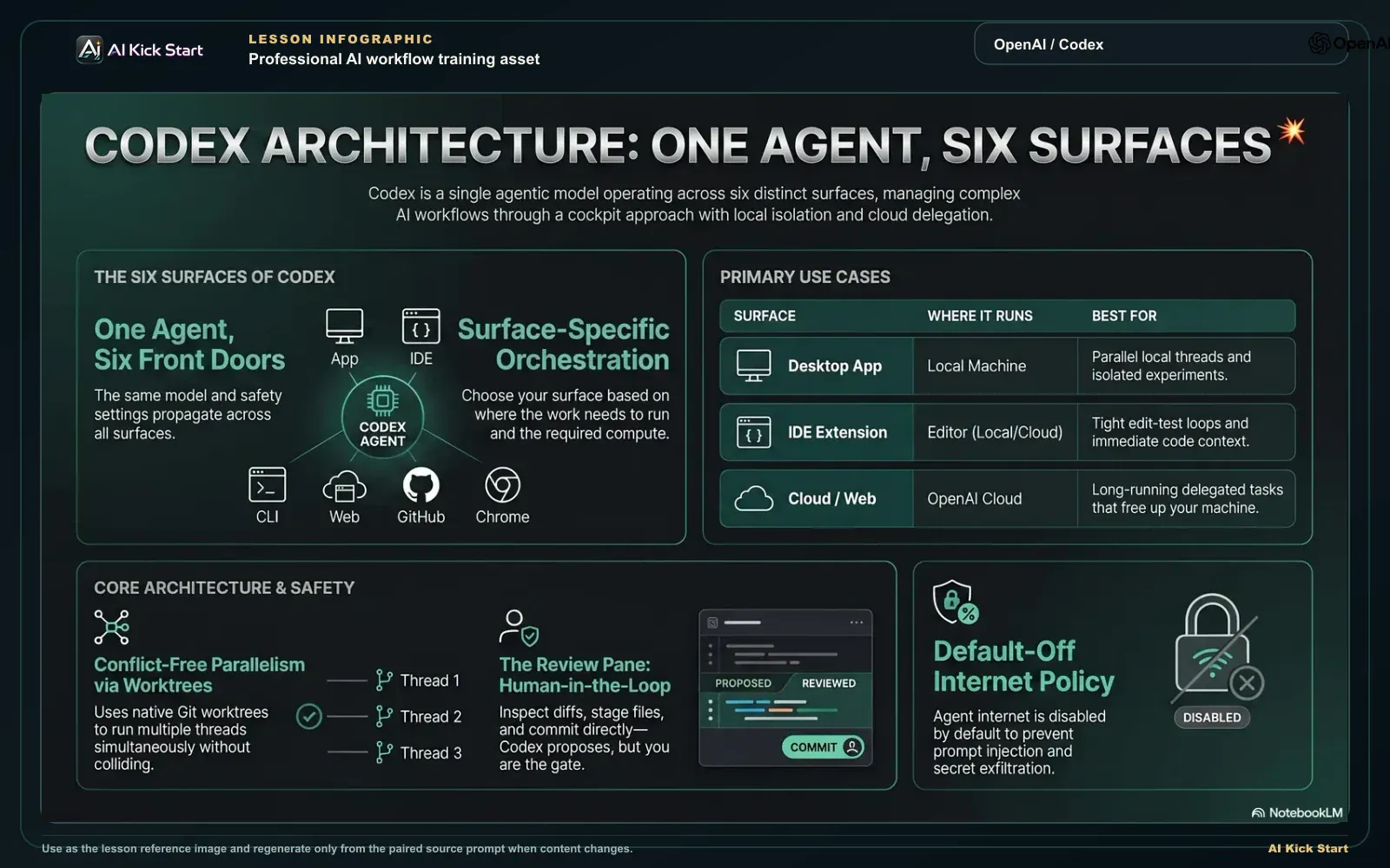 Dark teal infographic: Codex as one agent across App, IDE, CLI, Web, GitHub, and Chrome surfaces, with local worktrees, review pane gates, cloud delegation, and default-off internet policy.