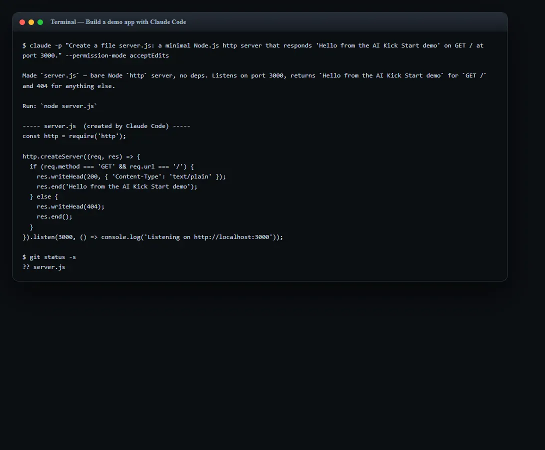 Real capture, the write end of one-shot mode from the deep dive: claude -p with --permission-mode acceptEdits created server.js and reported what it did; git status confirms the new file.