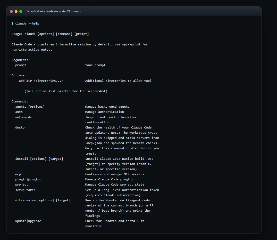 Real capture, claude --help, the full CLI menu referenced in step 2 (auth, doctor, mcp, plugin, project, setup-token, update); note '-p/--print for non-interactive output' near the top, that's the one-shot mode from the deep dive.