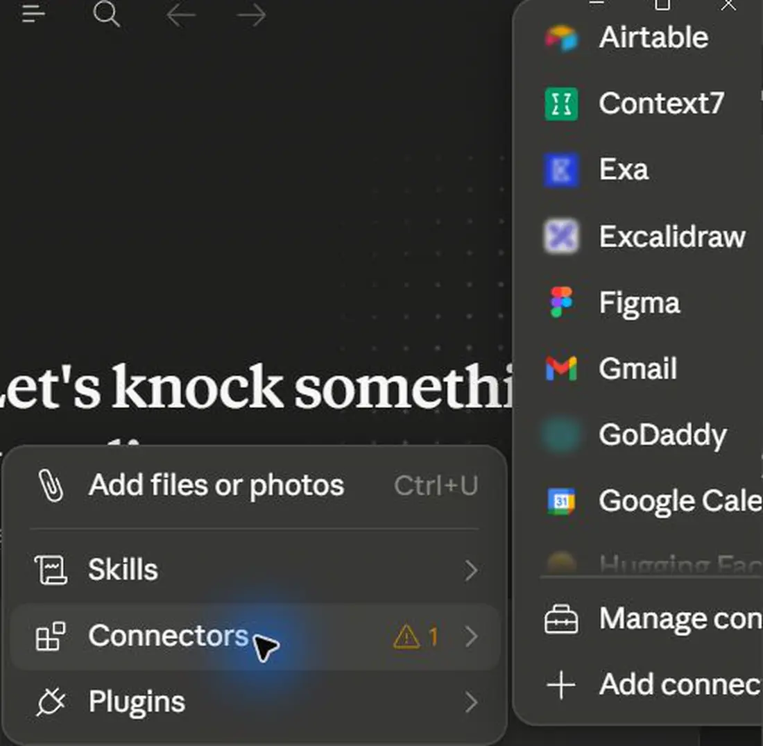 Claude Chat: Claude Connectors Submenu