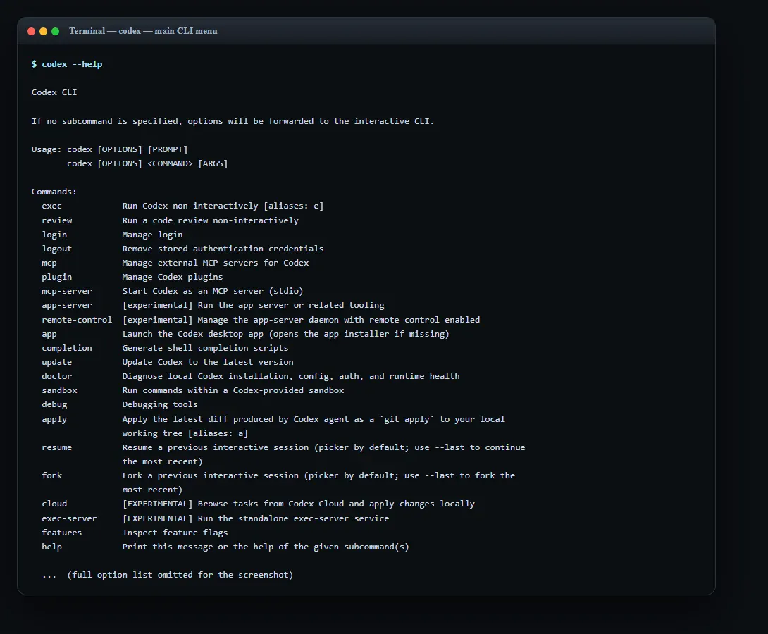 Real capture, codex --help. After step 2's version check, run this to see the full command menu (exec, review, resume, sandbox and more) you will grow into after this lesson.