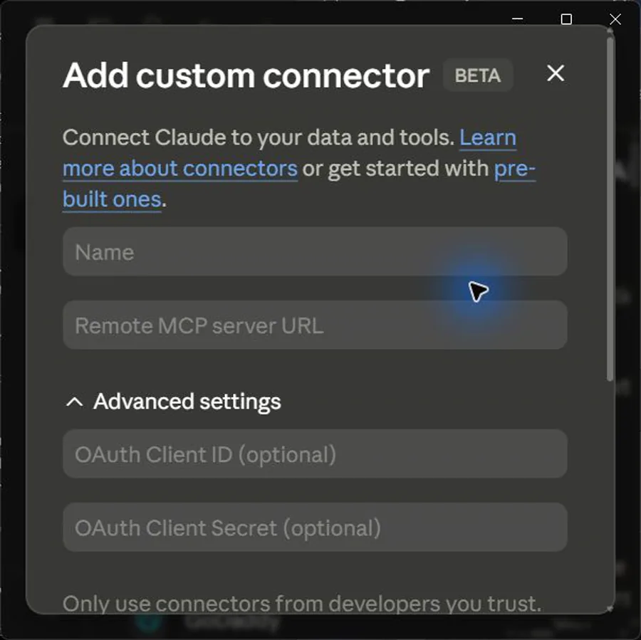 Claude App Capture: Custom Connector Form