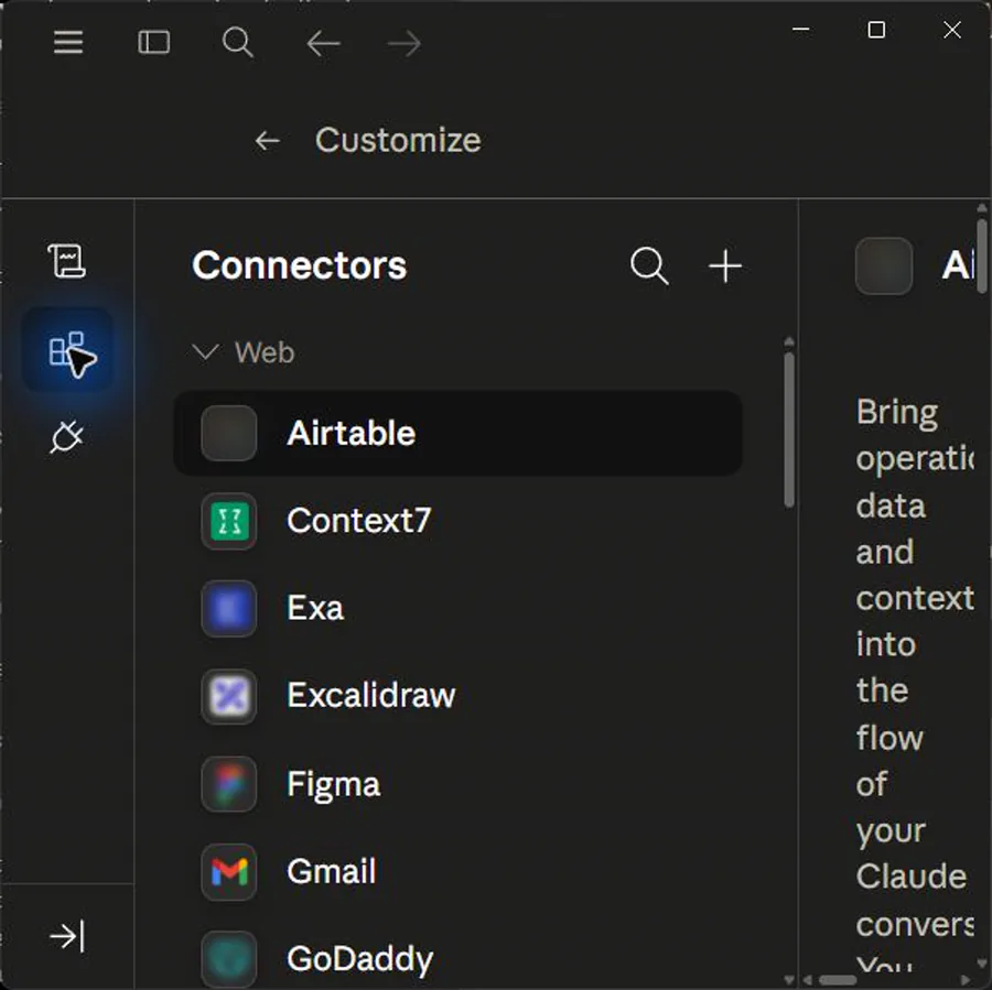 Claude App Capture: Customize Connectors List