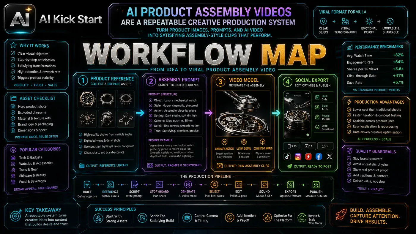 AI Kick Start generated article visual for AI Product Assembly Videos Are a Repeatable Creative Production System.