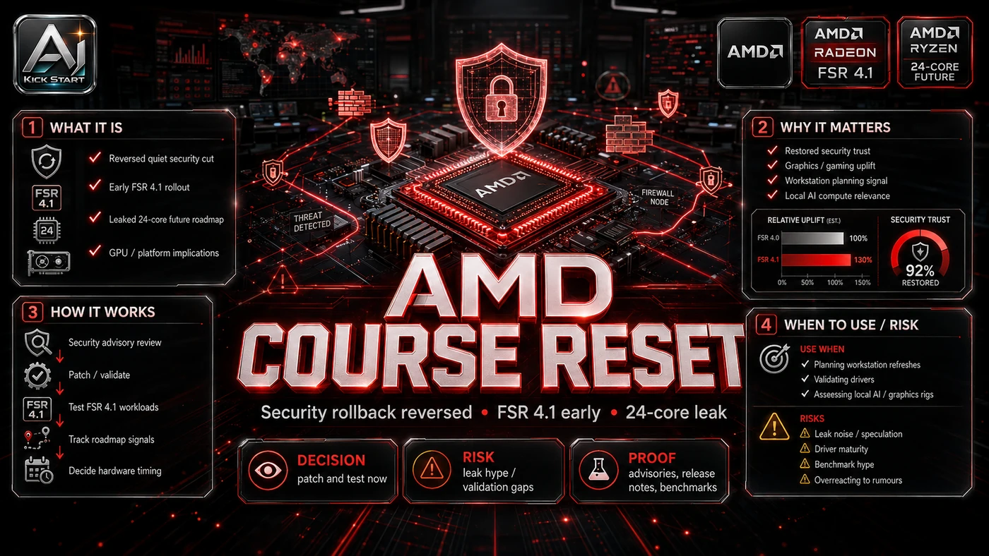 AI Kick Start generated article visual for AMD Reverses a Quiet Security Cut, Ships FSR 4.1 Early, and Leaks a 24-Core Future: What Teams Should Actually Do.