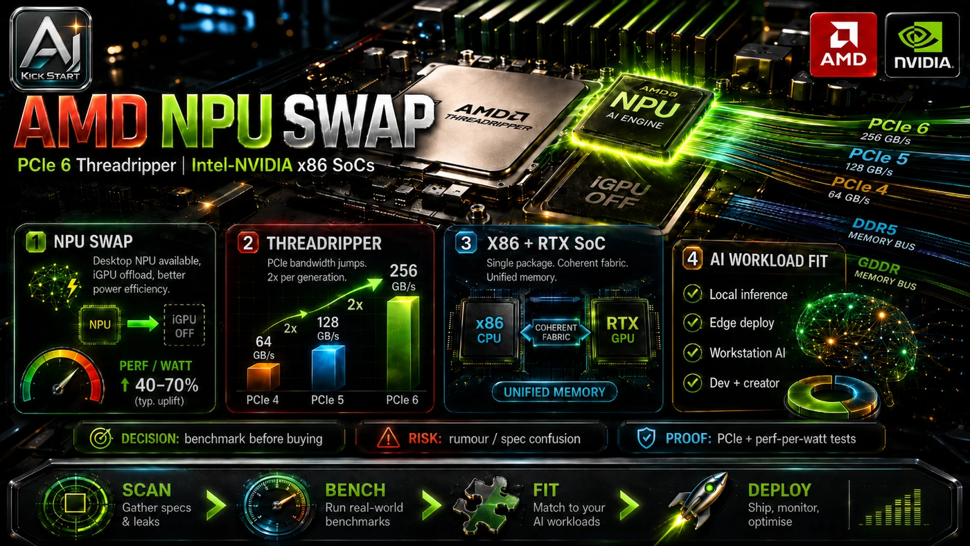 AI Kick Start generated article visual for AMD's NPU-for-iGPU Swap, PCIe 6 Threadripper, and Intel-Nvidia x86 SoCs: What AI Teams Should Actually Track.