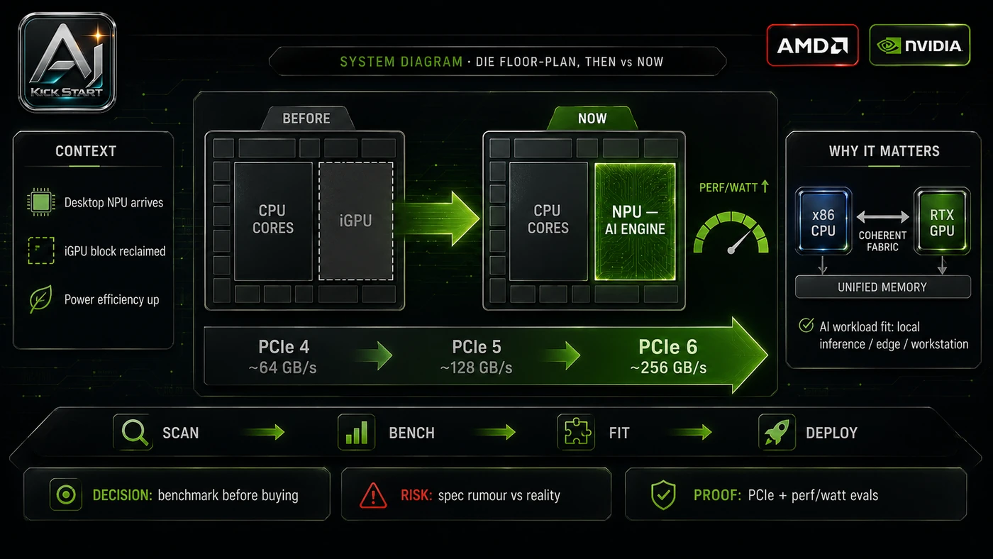 AI Kick Start second inline visual for AMD's NPU-for-iGPU Swap, PCIe 6 Threadripper, and Intel-Nvidia x86 SoCs: What AI Teams Should Actually Track.