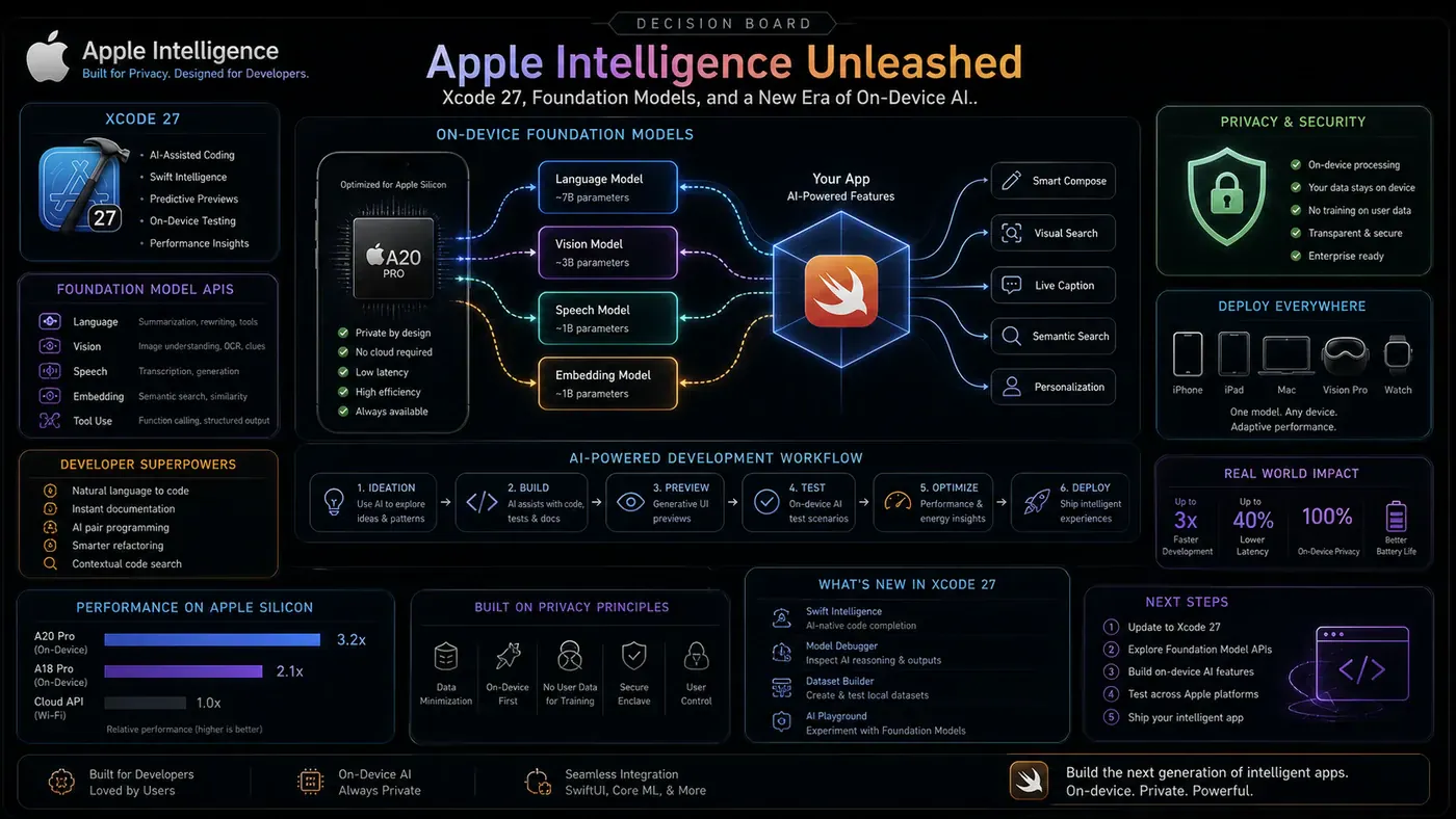 AI Kick Start generated article visual for Apple Intelligence Unleashed: Xcode 27, Foundation Models, and a New Era of On-Device AI.