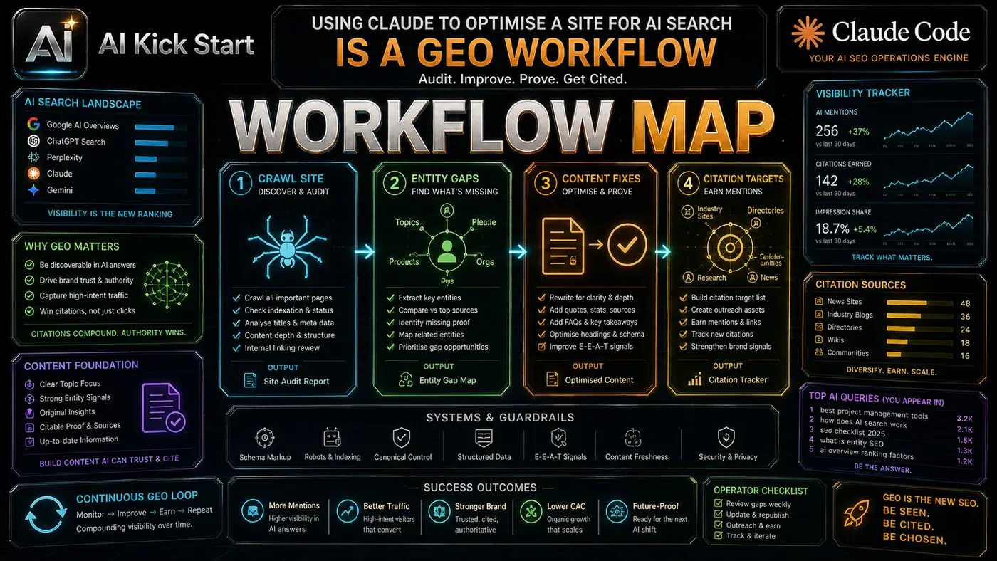 AI Kick Start generated article visual for Using Claude to Optimise a Site for AI Search Is a GEO Workflow.