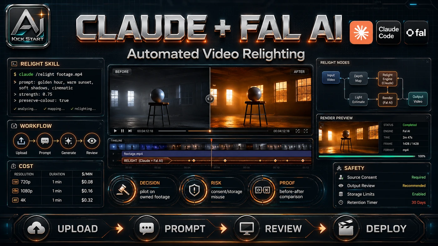 AI Kick Start generated article visual for Claude Code + Fal AI for Automated Video Relighting: A Practical Look.