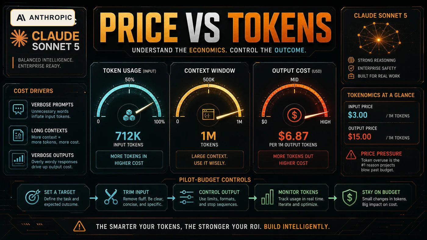 AI Kick Start generated pricing analysis visual for Claude Sonnet 5 with an Anthropic logo badge.