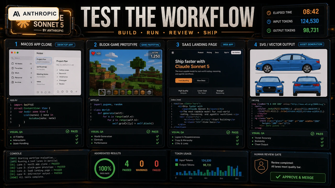 AI Kick Start generated workflow test bench visual for Claude Sonnet 5 with an Anthropic logo badge.