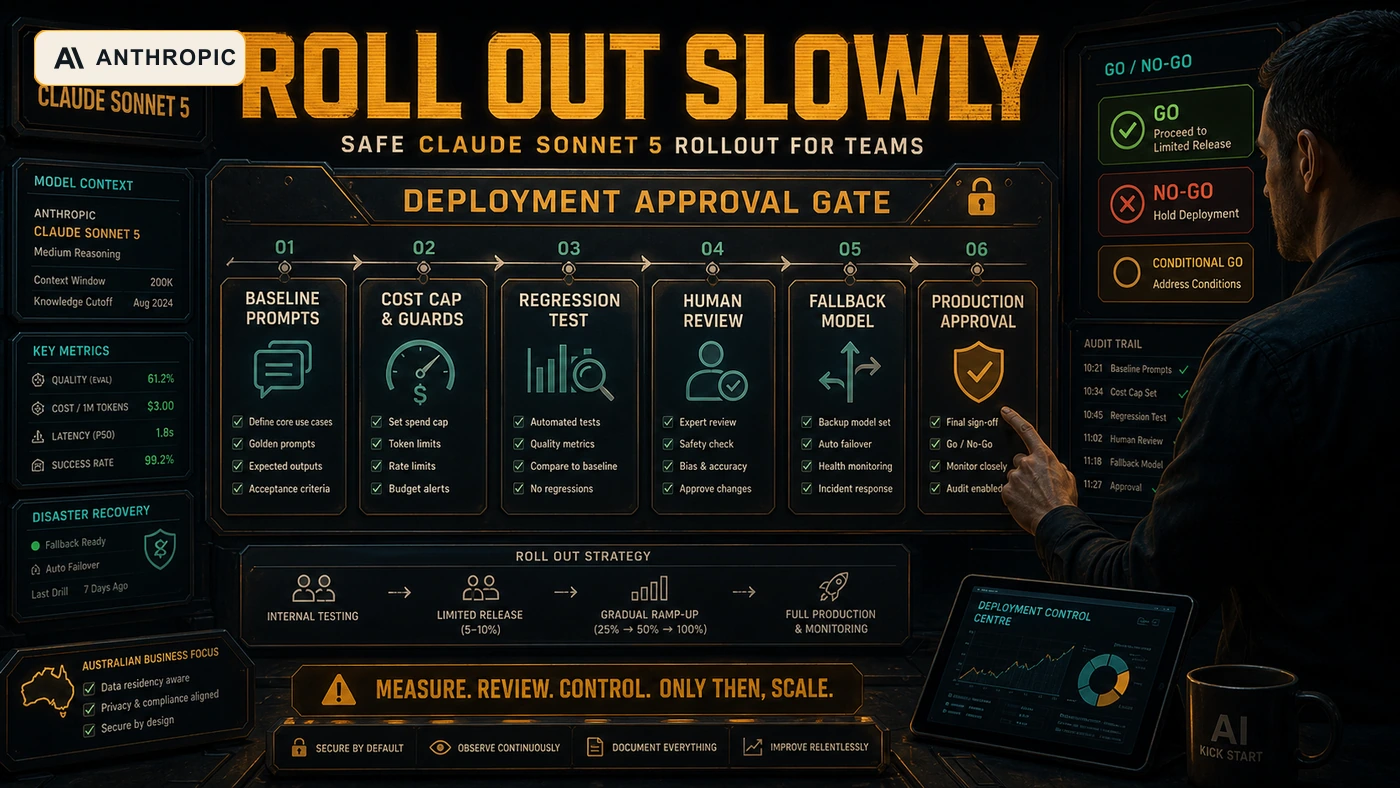 AI Kick Start rollout checklist visual for Claude Sonnet 5 with an Anthropic logo badge.
