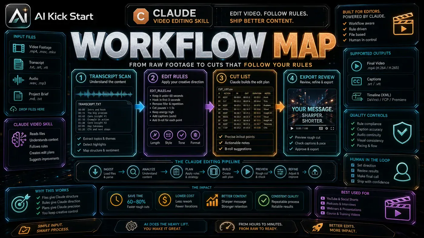 AI Kick Start generated article visual for Claude Can Edit Video When the Workflow Is Turned into Files and Rules.