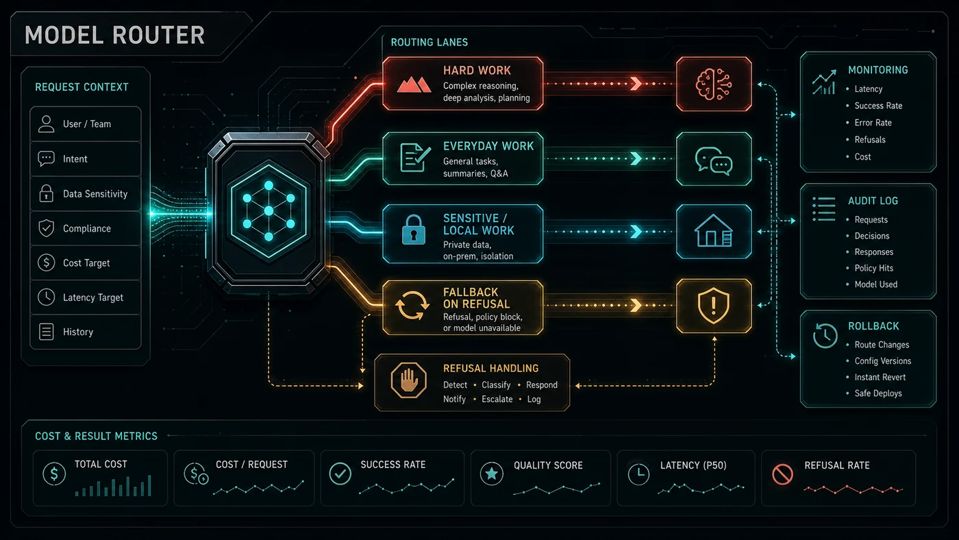 AI workflow routing board with Fable 5, Sonnet 5, local model, and fallback lanes.