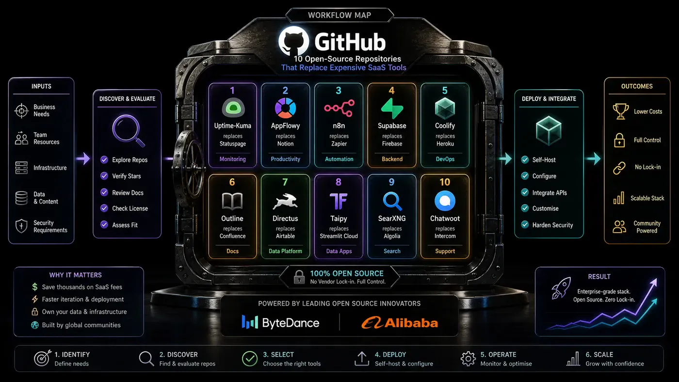 AI Kick Start generated article visual for 10 More Free GitHub Repositories That Replace Expensive SaaS Tools - From PewDiePie to ByteDance and Alibaba.