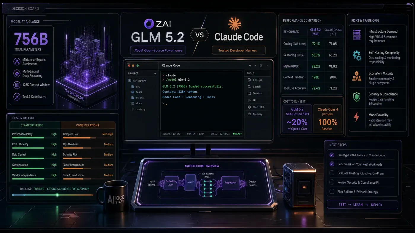 AI Kick Start generated article visual for GLM 5.2 Inside Claude Code: A 756-Billion-Parameter Open-Source Model That Rivals Opus for a Fifth of the Price.