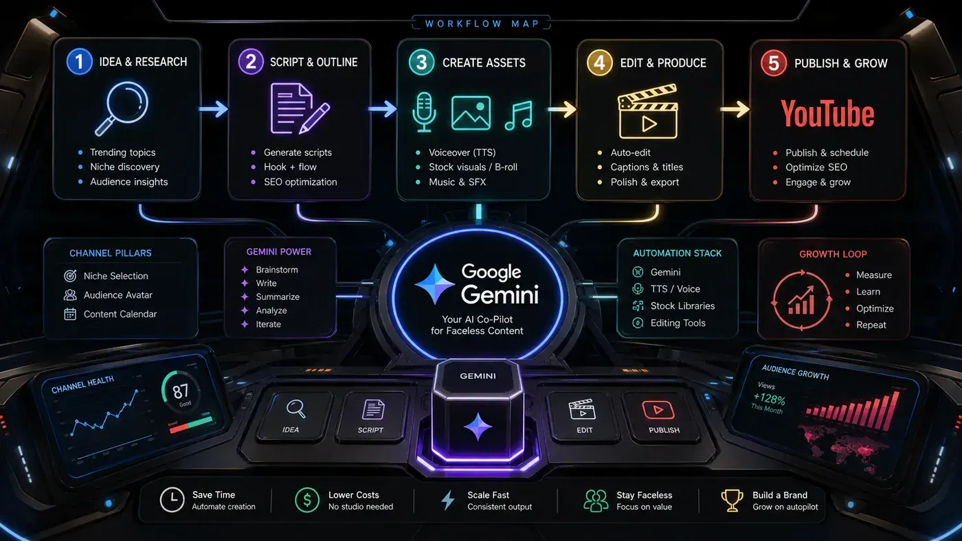 AI Kick Start generated article visual for How to Launch a Faceless YouTube Channel Using Google Gemini: A Complete 2026 Guide.