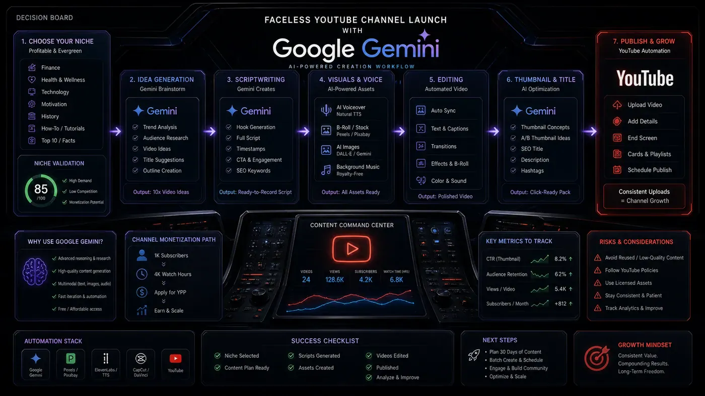 AI Kick Start generated article visual for How to Launch a Faceless YouTube Channel Using Google Gemini: A Complete 2026 Guide.