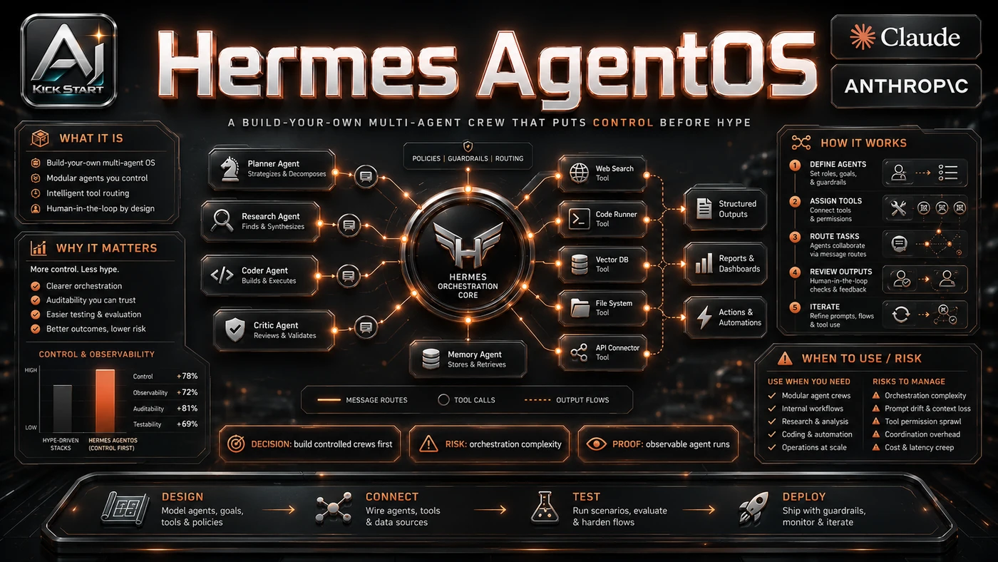 AI Kick Start generated article visual for Hermes AgentOS: A Build-Your-Own Multi-Agent Crew That Puts Control Before Hype.