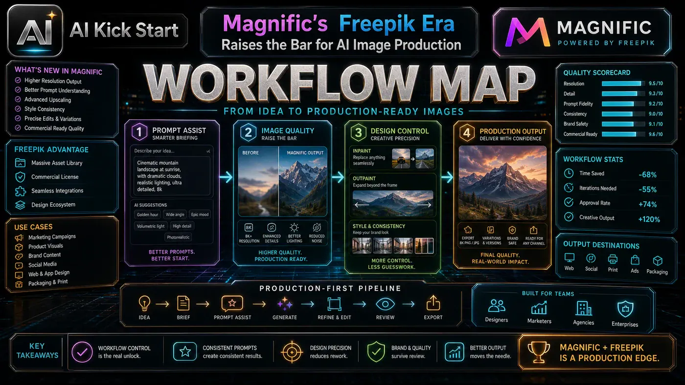 AI Kick Start generated article visual for Magnific's Freepik Era Raises the Bar for AI Image Production.