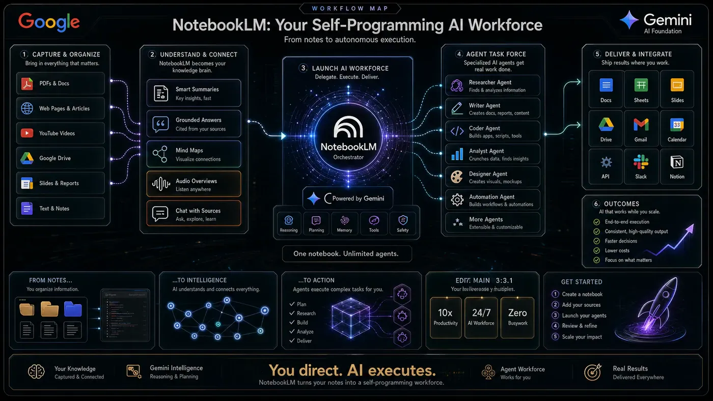AI Kick Start generated article visual for NotebookLM's Monumental Update: How Google Just Turned a Note-Taking App Into a Self-Programming AI Workforce.