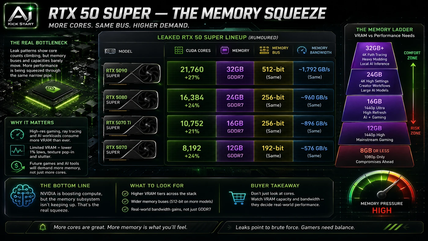 AI Kick Start generated article visual for Nvidia RTX 50 Super Leaks and the Memory Squeeze: A Hardware Readout for Local AI Teams.