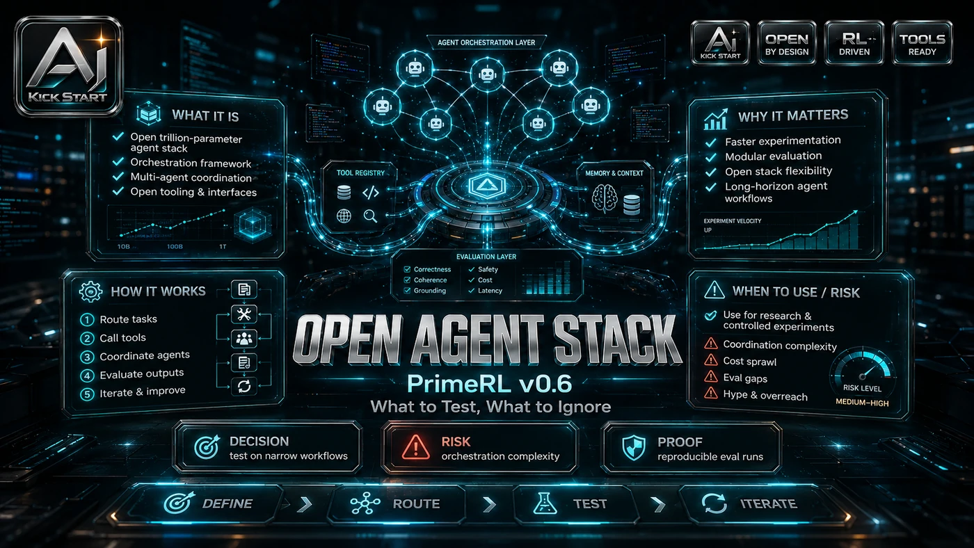 AI Kick Start generated article visual for PrimeRL v0.6 and the Open Trillion-Parameter Agent Stack: What to Test, What to Ignore.