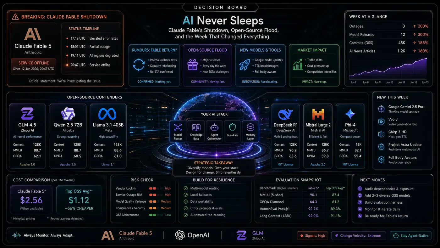 AI Kick Start generated article visual for AI Never Sleeps: Claude Fable's Dramatic Shutdown, a Flood of Open-Source Models, and the Week That Changed Everything.