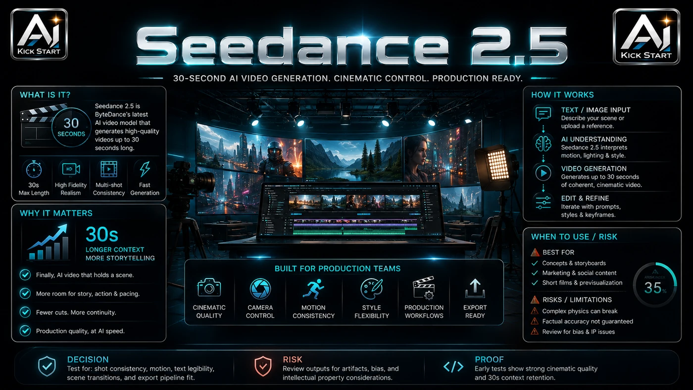 AI Kick Start generated article visual for Seedance 2.5: What ByteDance's 30-Second AI Video Model Means for Production Teams.