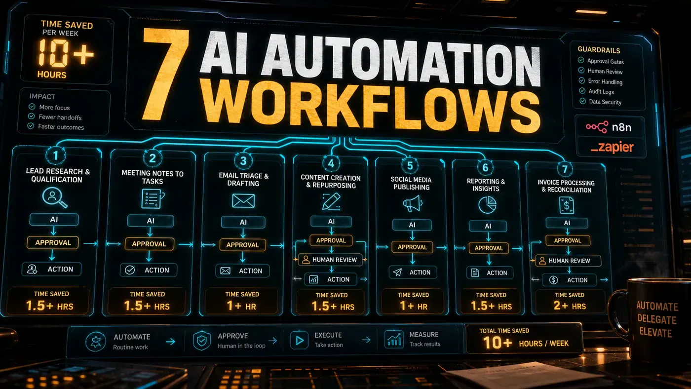 Light AI Kick Start editorial image showing seven AI automation workflows with routing lines, review queues, and time-saving checkpoints.