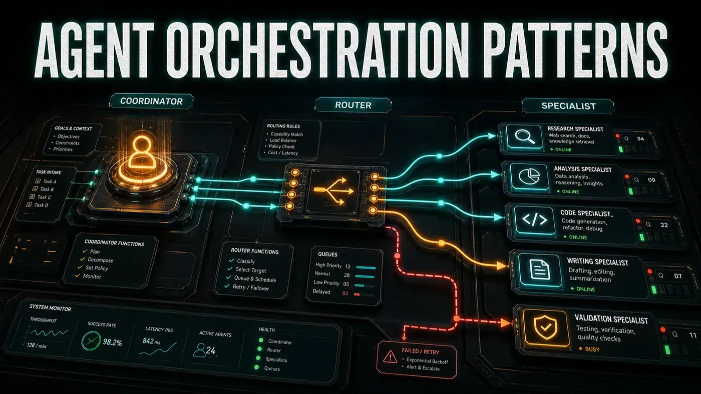 AI Kick Start editorial image for Agent Orchestration Patterns: Coordinator, Router, Specialist.