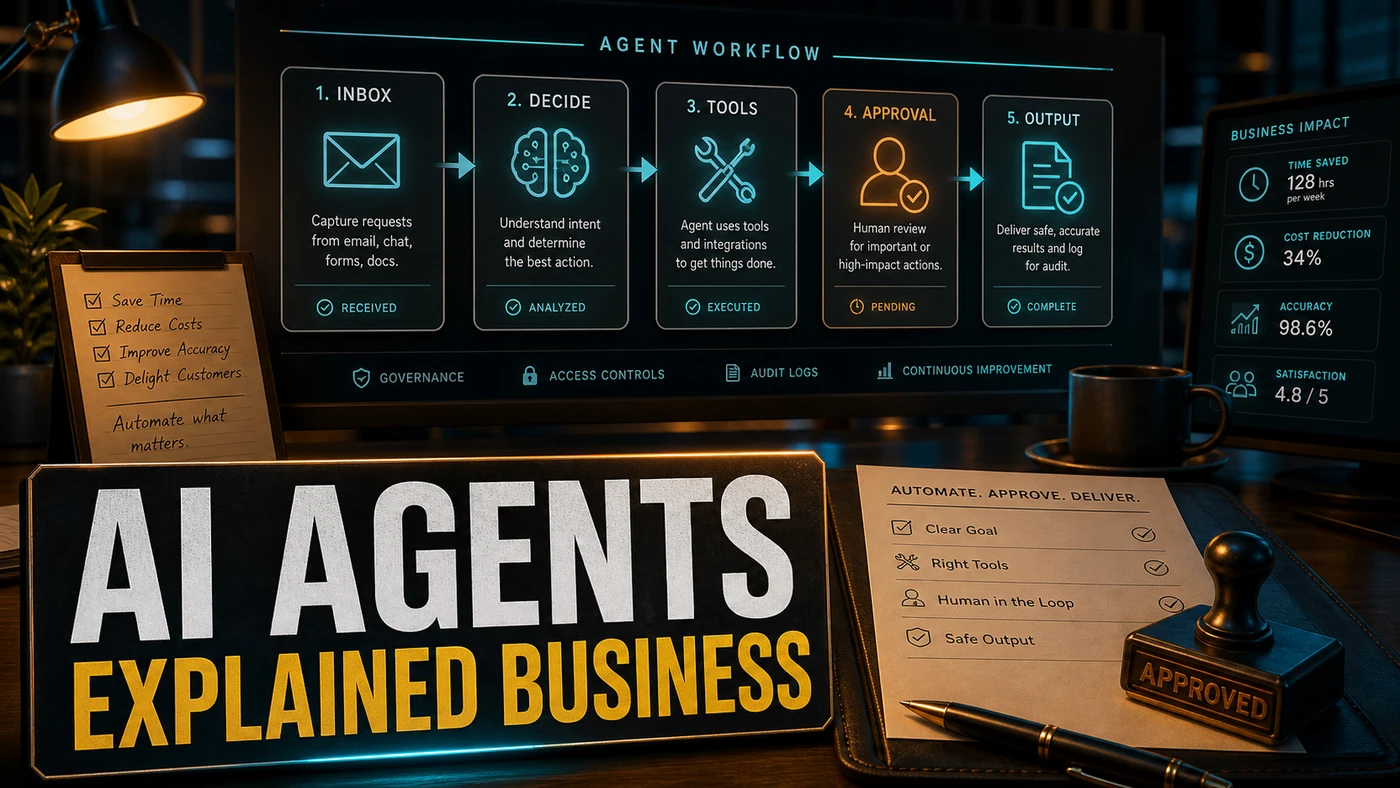 Light AI Kick Start editorial image showing a business AI agent with scoped tools, review gates, and controlled workflow actions.