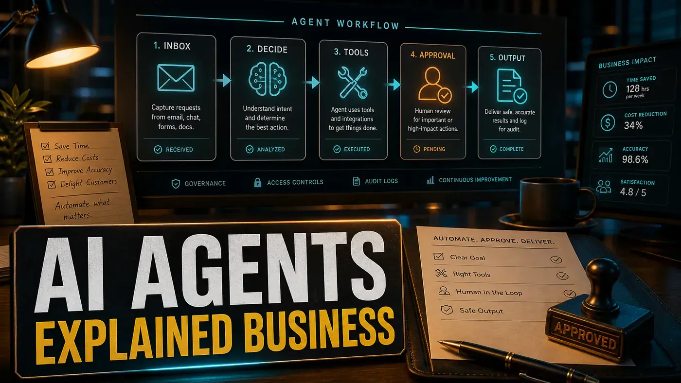 Light AI Kick Start editorial image showing a business AI agent with scoped tools, review gates, and controlled workflow actions.