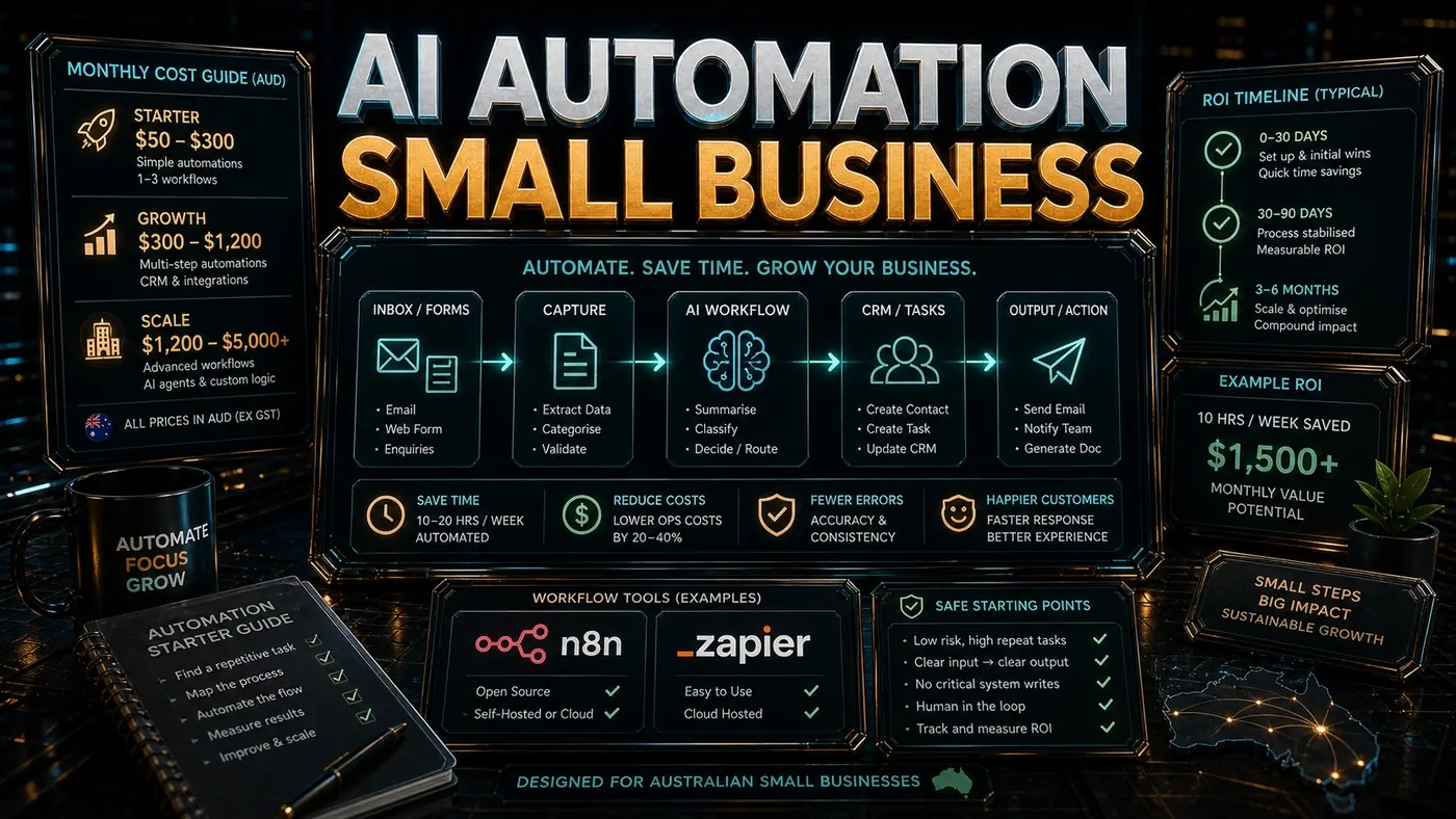 Light AI Kick Start editorial image showing Australian small business automation planning with cost controls, ROI timeline, and safe first workflow.