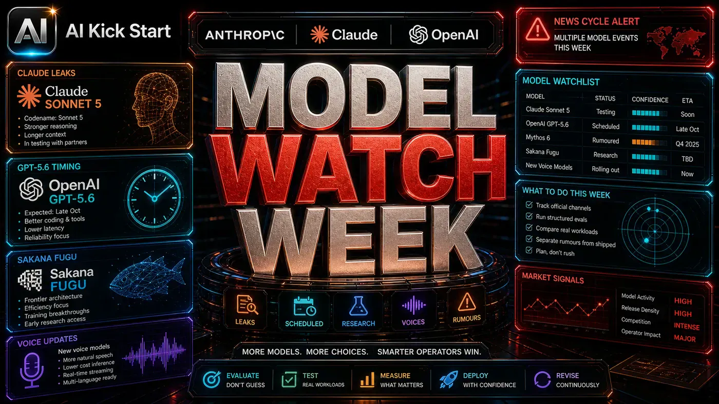 AI Kick Start editorial image for Sonnet 5, Mythos 6, GPT-5.6, and Sakana Fugu Make This a Model-Watch Week.