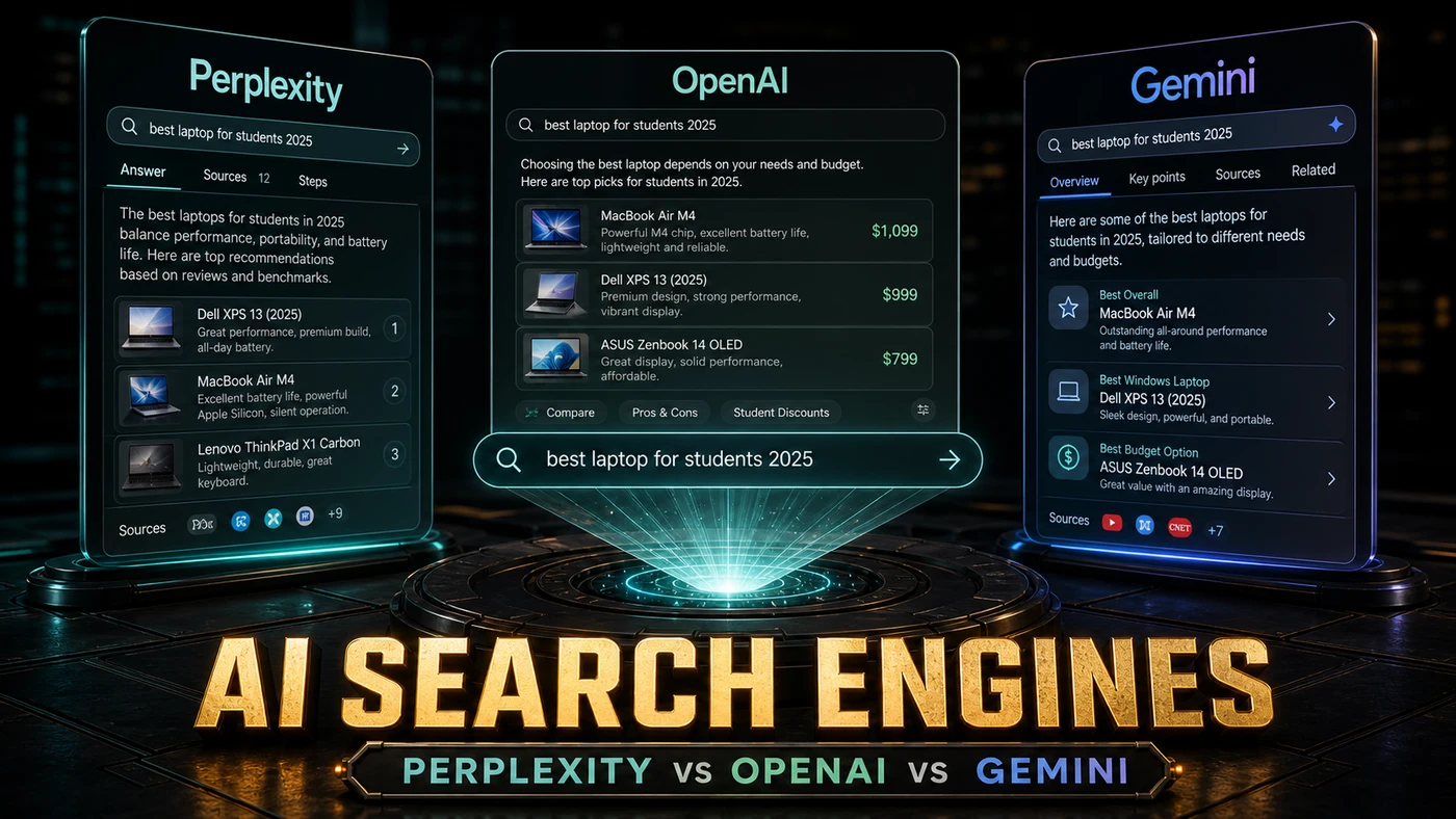AI Kick Start editorial image for AI Search Engines: Perplexity vs ChatGPT vs Gemini, The Battle for Search's Future.