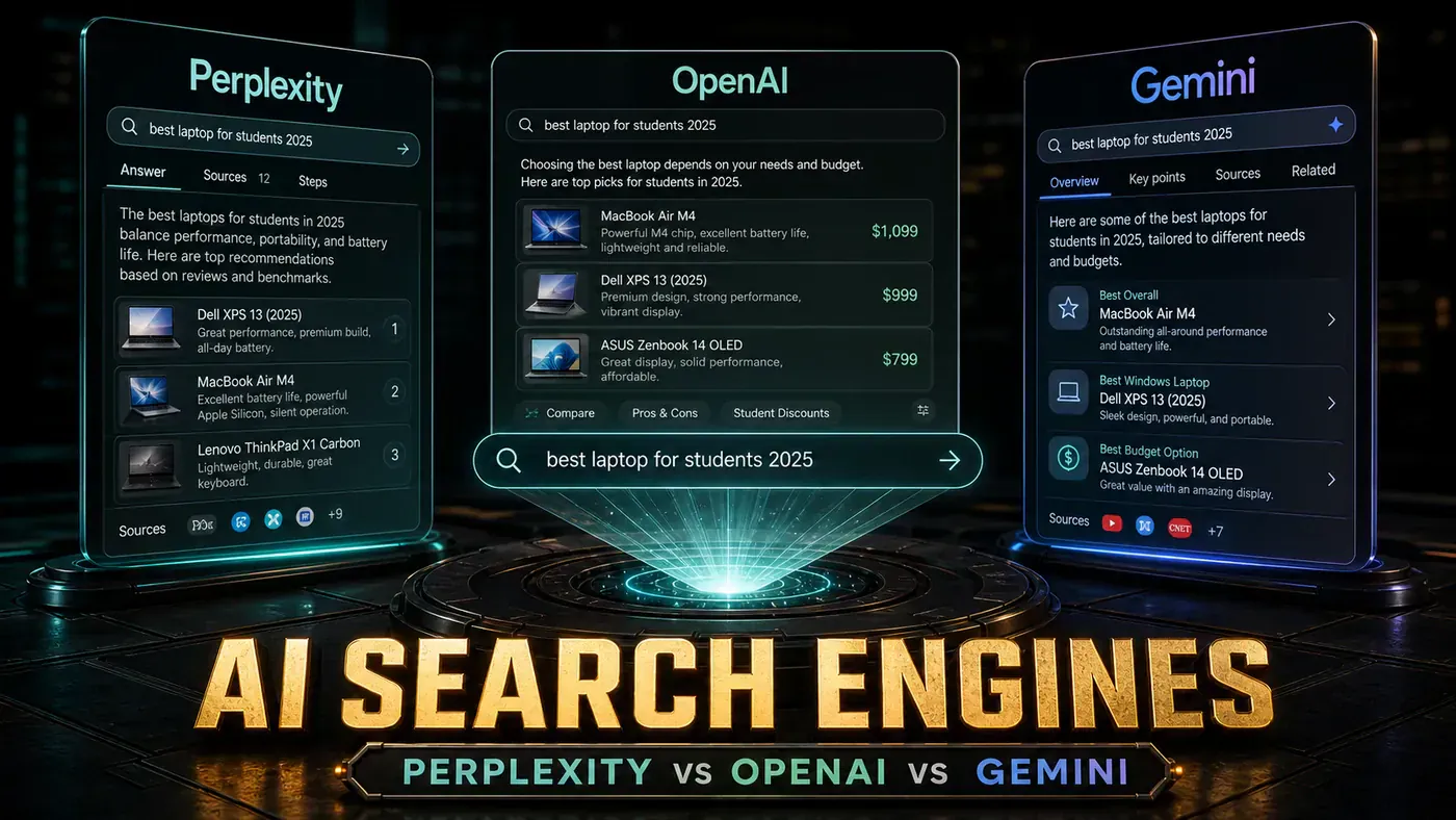 AI Kick Start editorial image for AI Search Engines: Perplexity vs ChatGPT vs Gemini, The Battle for Search's Future.