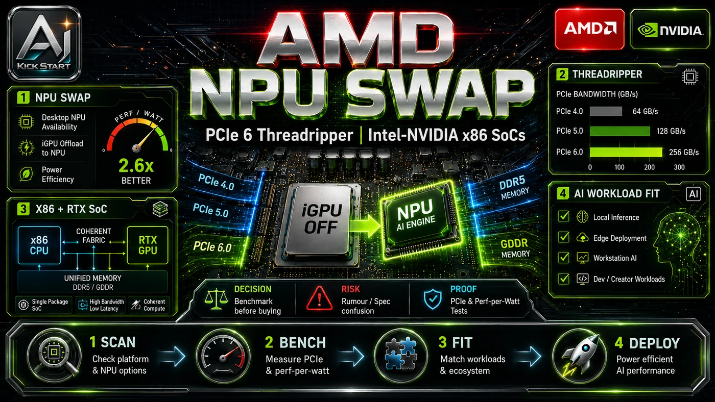 AI Kick Start editorial image for AMD's NPU-for-iGPU Swap, PCIe 6 Threadripper, and Intel-Nvidia x86 SoCs: What AI Teams Should Actually Track.