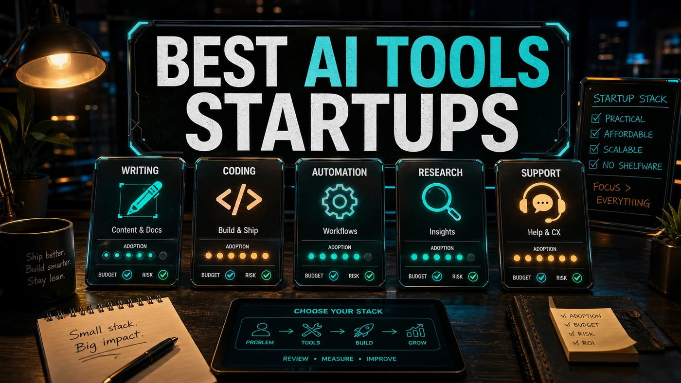 Light AI Kick Start editorial image showing a startup AI tool stack workspace with product cards, workflow groups, and adoption signals.