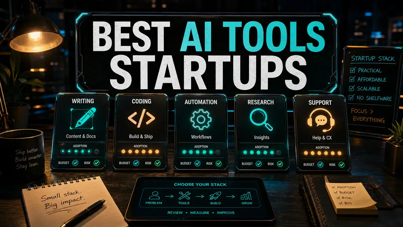 Light AI Kick Start editorial image showing a startup AI tool stack workspace with product cards, workflow groups, and adoption signals.