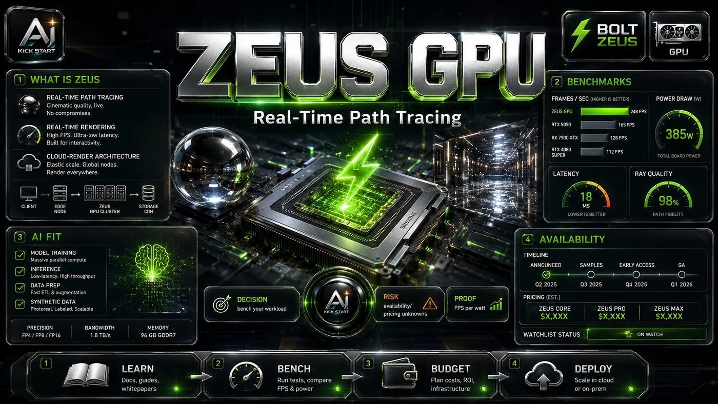 AI Kick Start editorial image for Bolt Graphics Zeus GPU: What the '5× RTX 5090' Claim Means for Australian AI Teams.