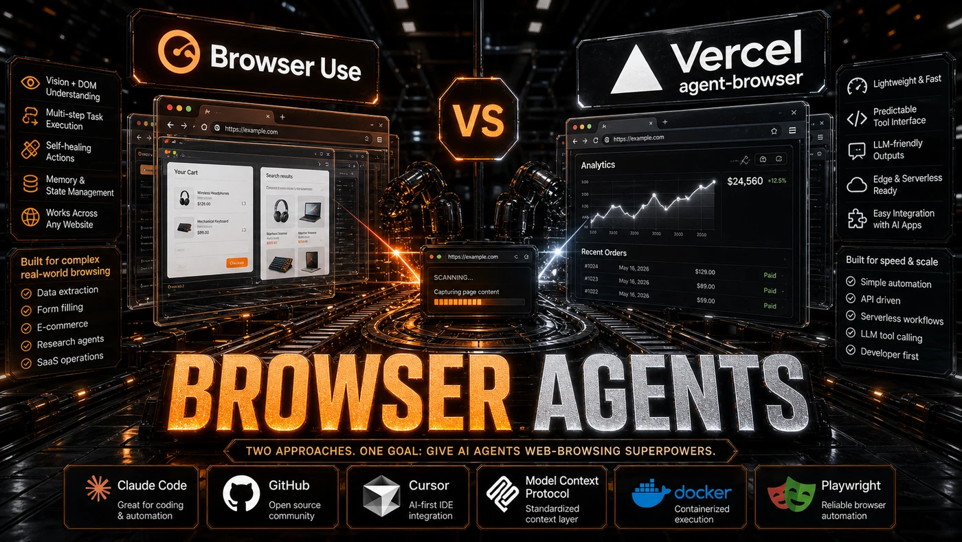 AI Kick Start editorial image for Browser-use + Vercel agent-browser: Browser automation compared.