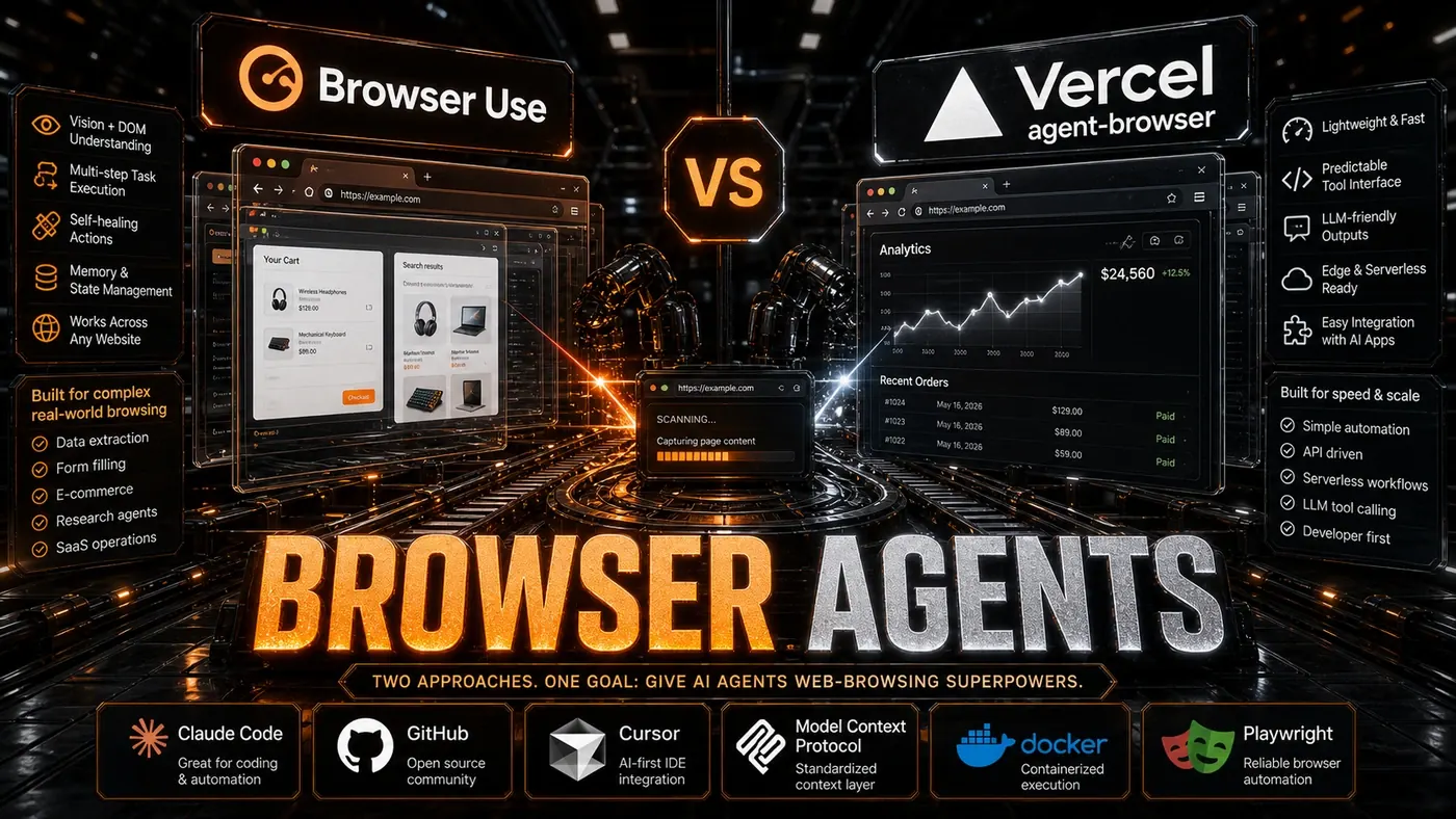 AI Kick Start editorial image for Browser-use + Vercel agent-browser: Browser automation compared.