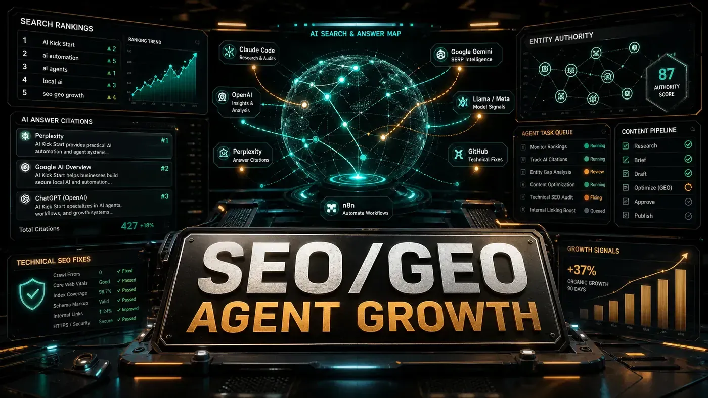 AI Kick Start editorial image for How to build SEO/GEO growth systems with AI agents.