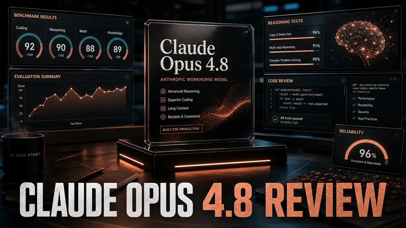 AI Kick Start editorial image for Claude Opus 4.8 review: The current Anthropic workhorse.