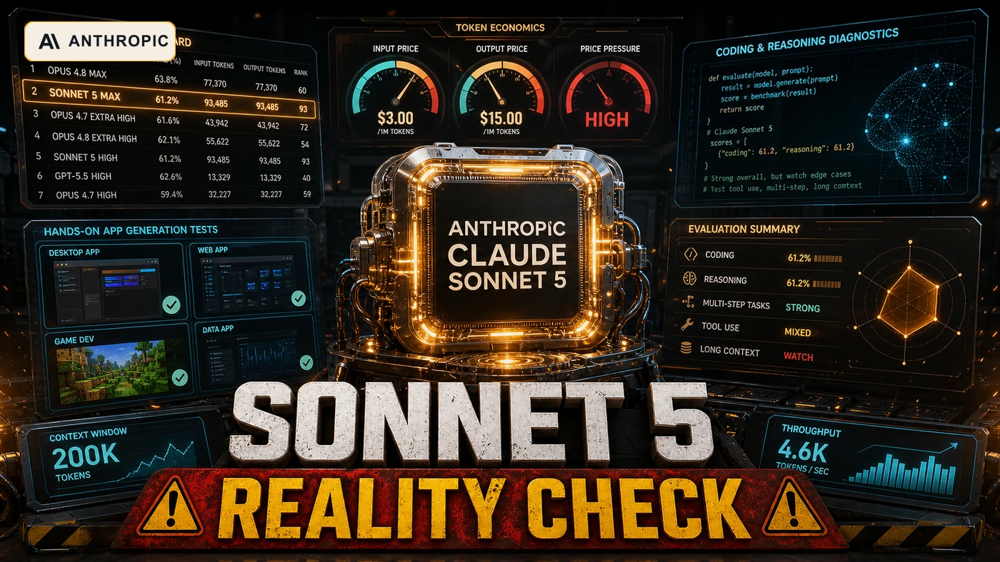 AI Kick Start editorial cover for Claude Sonnet 5 showing a model evaluation command centre with an official Anthropic logo badge.